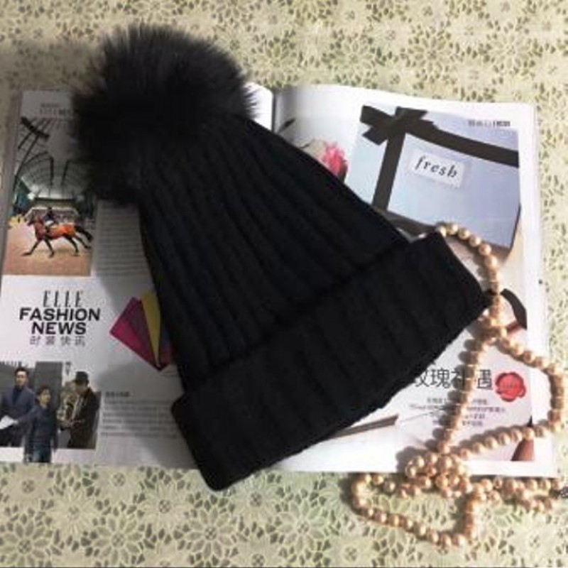 Pure Cashmere Hat Beige Fur Pom-Pom Women Winter Hat